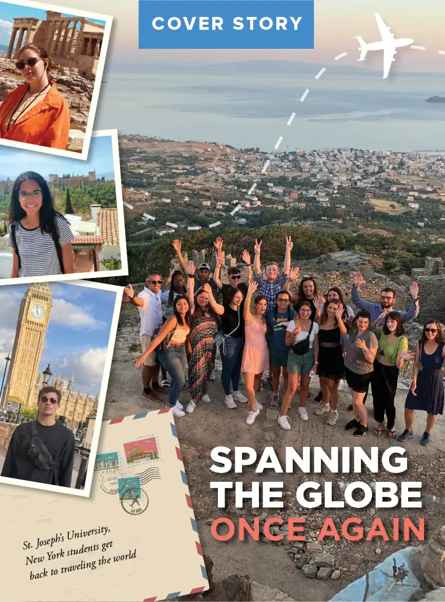 Cover Story of SJNY magazine with collage of students abroad and students in greece