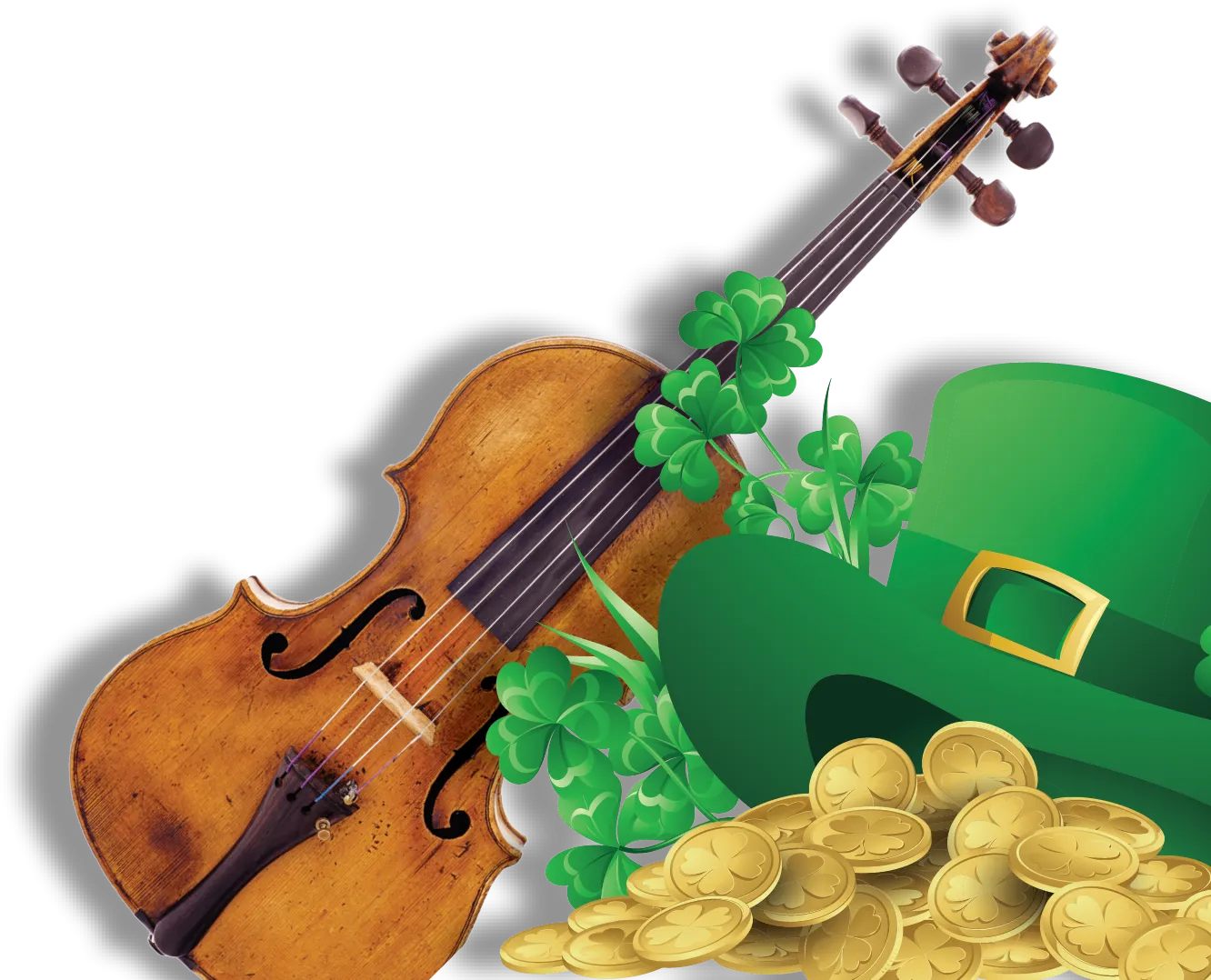 violin, four leaf clover, leprechaun hat, and a pile of gold coins