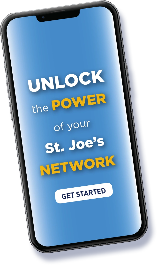 smartphone with "Unlock the power of your St. Joe's network" text and a button that says "get started" displayed on the screen