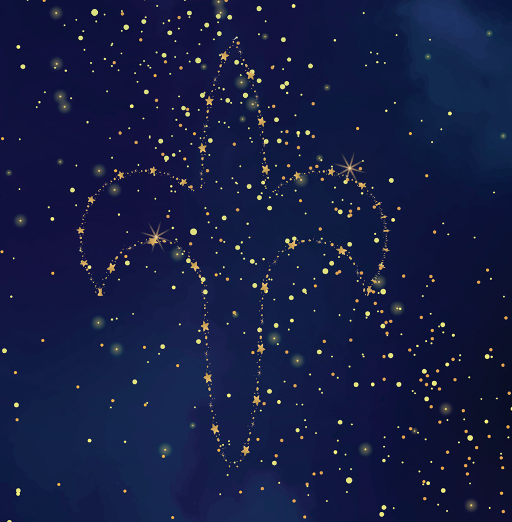 A night sky with stars forming a fleur-de-lis shape.