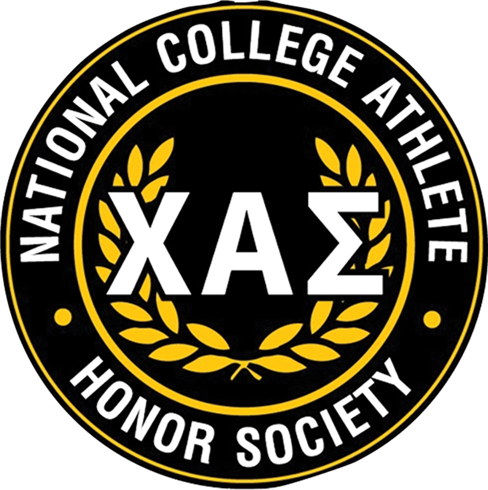 Circular black and gold seal for the Chi Alpha Sigma National College Athlete Honor Society, featuring white Greek letters "ΧΑΣ" centered within a golden laurel wreath.