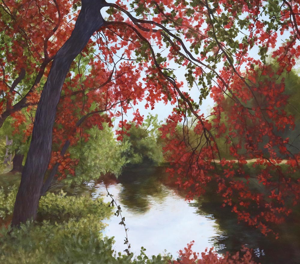 Landscape painting of a calm river framed by a large tree with vibrant red autumn leaves. The red foliage drapes over the water, reflecting soft light and green trees in the background.