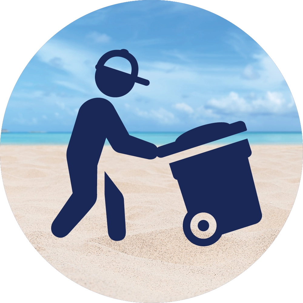 icon of a person in a hat wheeling a trash can on the beach