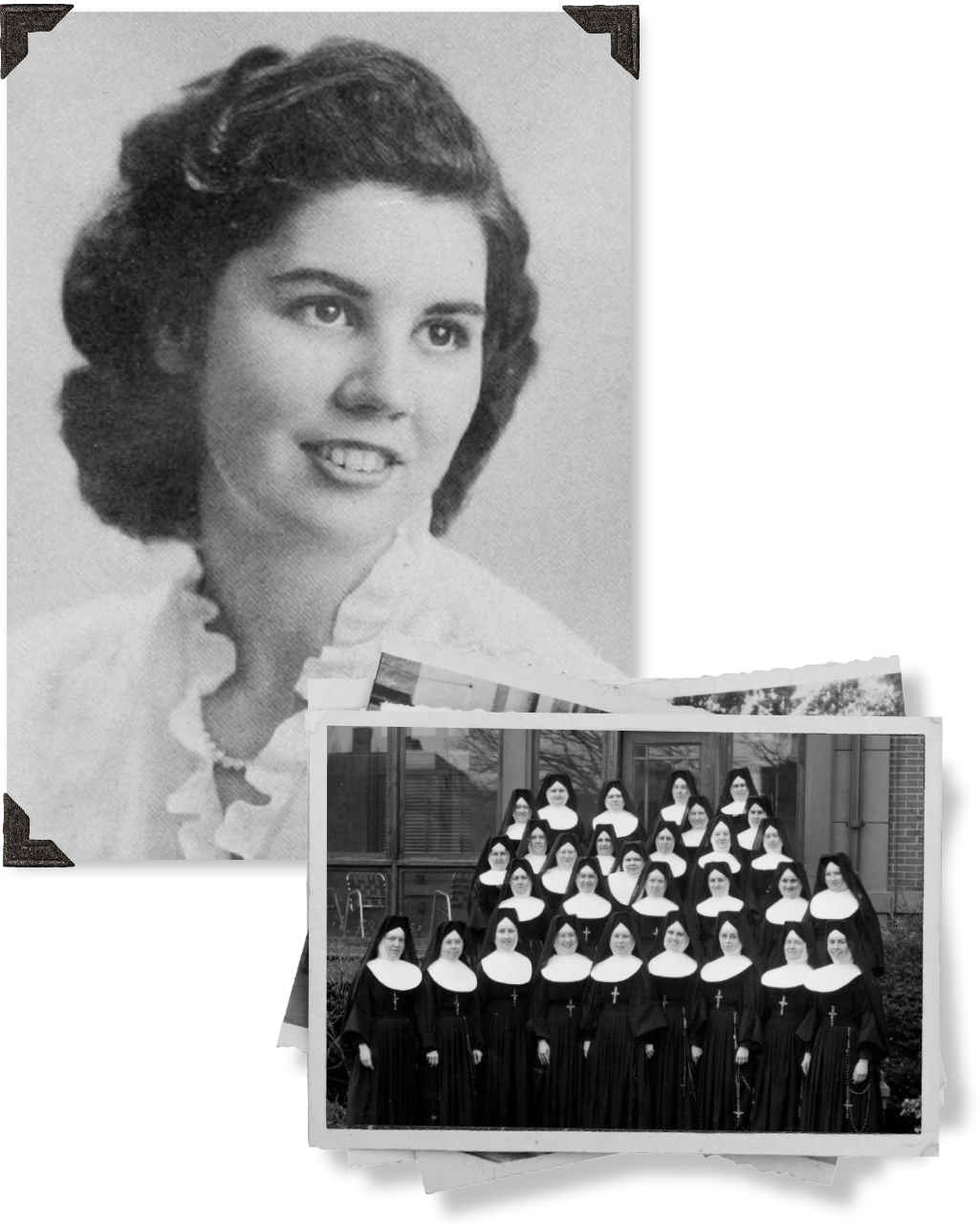 A collage of two black-and-white photos: a portrait of a young woman and a group photo of nuns.